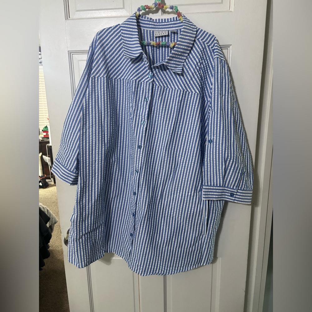 Joan Rivers 3/4 Sleeve Seersucker Shirt w/ Back Button Detail